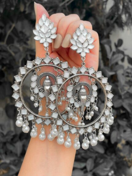 white pearl ganesha earrings