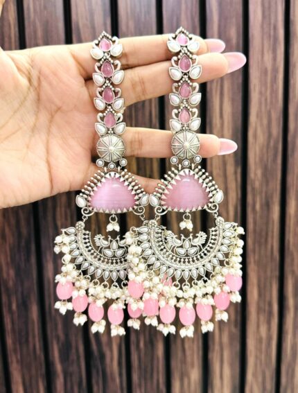 Madhuri brass earrings with sahara chain Pink