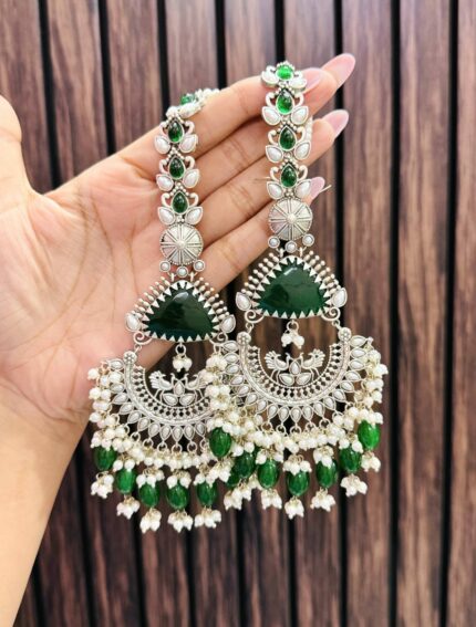 Madhuri brass earrings with sahara chain green