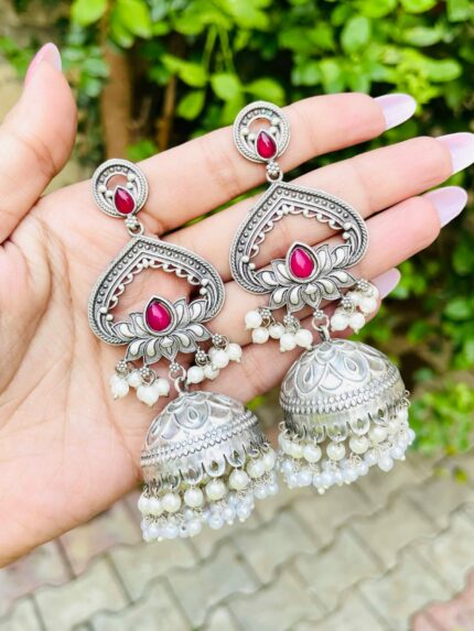 Lotus brass jhumka Ruby