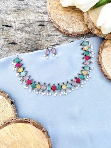 Multi stone brass necklace