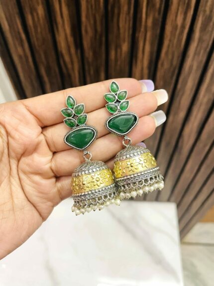 leaf dual tone brass jhumka green
