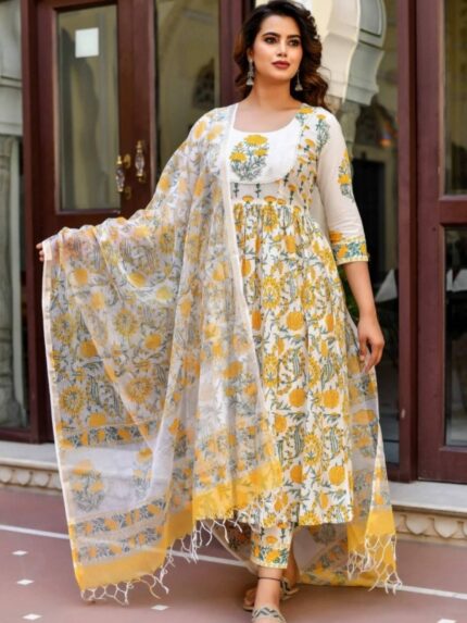 Yellow print suit set with dupatta