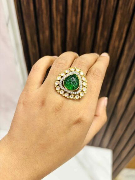 Triangular premium brass ad kundan ring