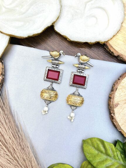 Dual tone bird brass Earrings Ruby