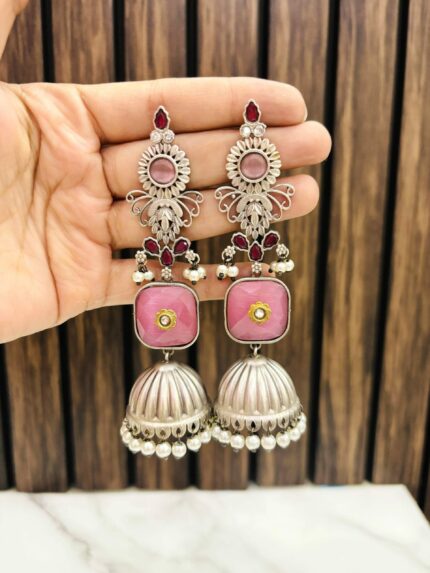 Long stone brass jhumka