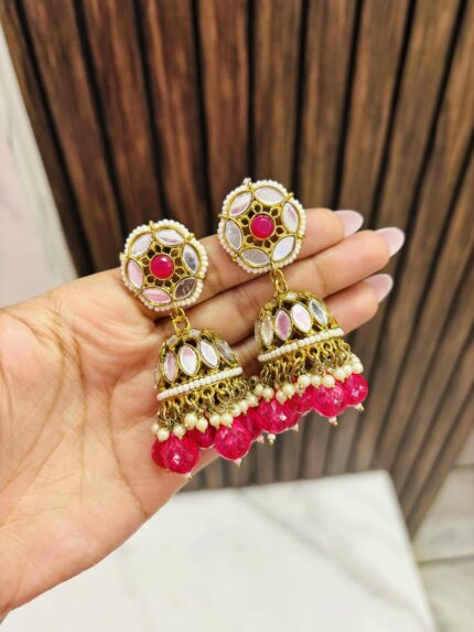 Flower mirror jhumka Ruby