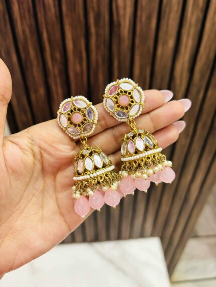 Flower mirror jhumka pink