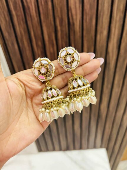 Flower mirror jhumka white