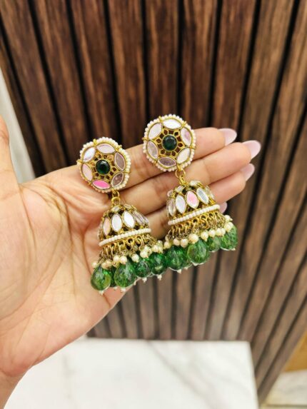 Flower mirror jhumka green