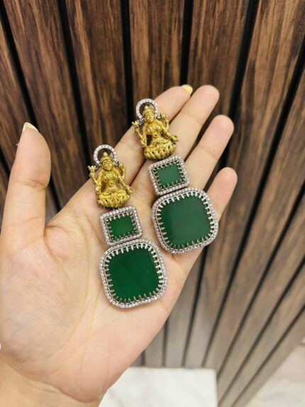 Lakshmi brass Ad big stone earring Green