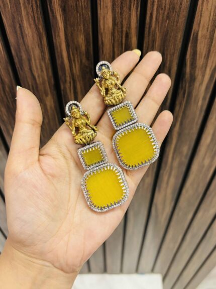 Lakshmi brass Ad big stone earring Yellow