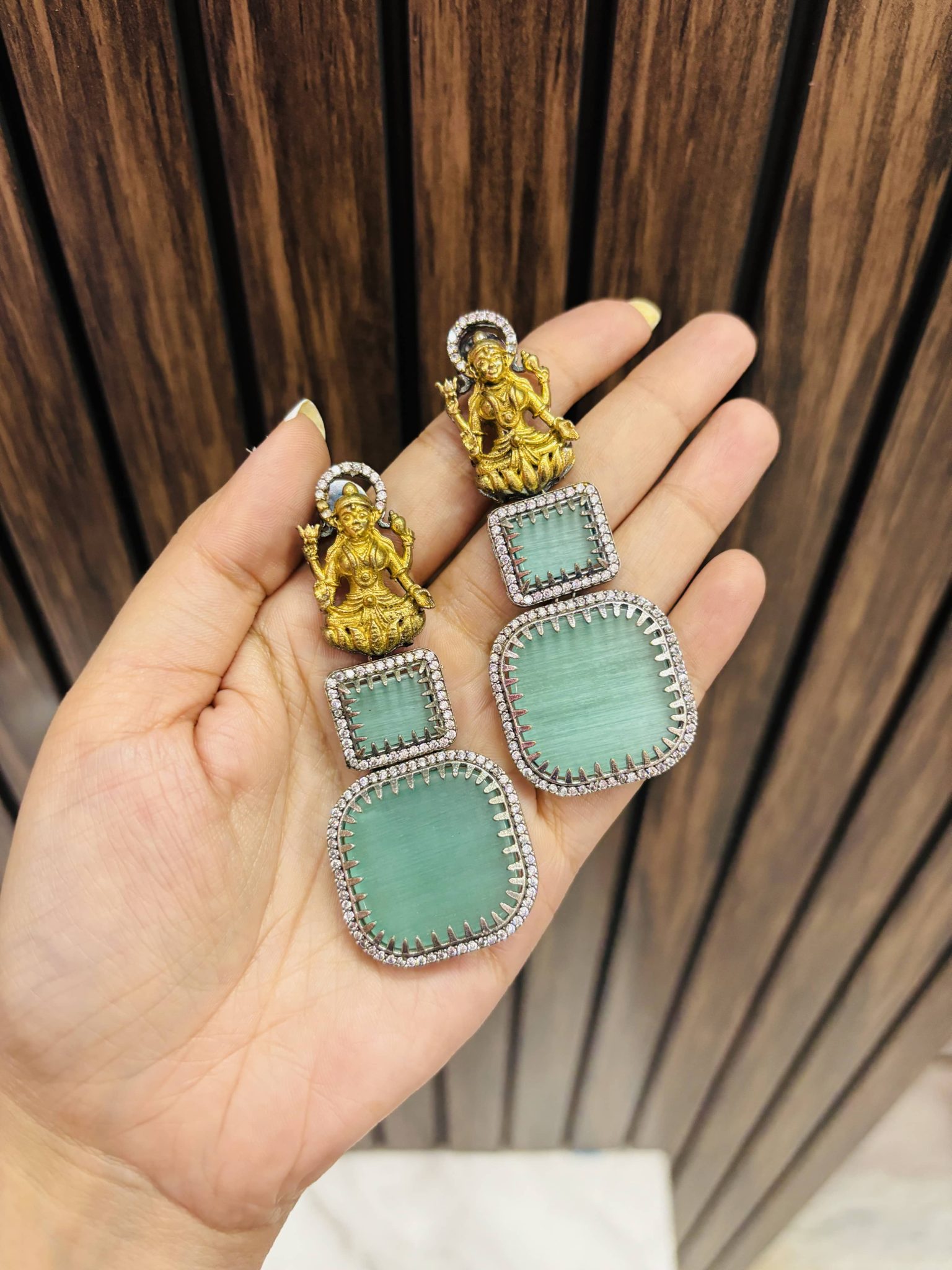 Lakshmi brass Ad big stone earring Mint Sajana by Shagun