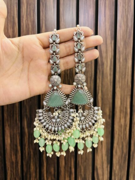 Madhuri brass earrings with sahara chain Mint