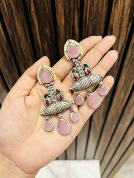 3 leaf drop brass earrings pink