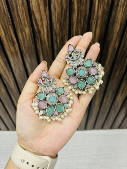Flower brass earrings mint-pink