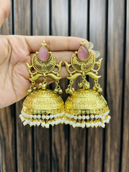 Deepak Golden brass earrings Pink