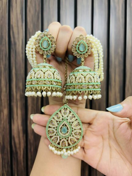jhumke with mangtika light green