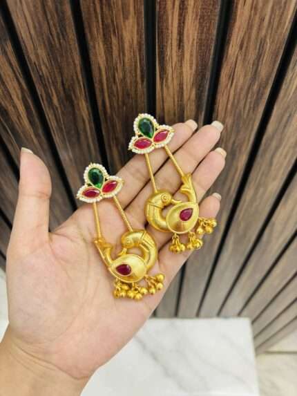 Golden peacock brass Earrings ruby green