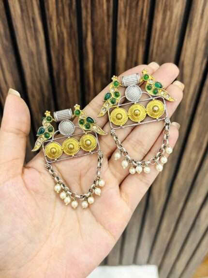 Peacock chain pearl brass earrings