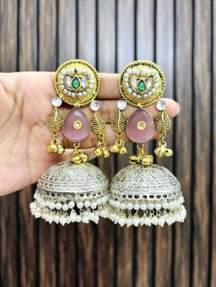 Two leaf brass jhumka Pink