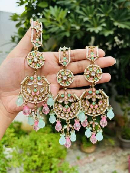 Earrings with mangtika Mint-pink