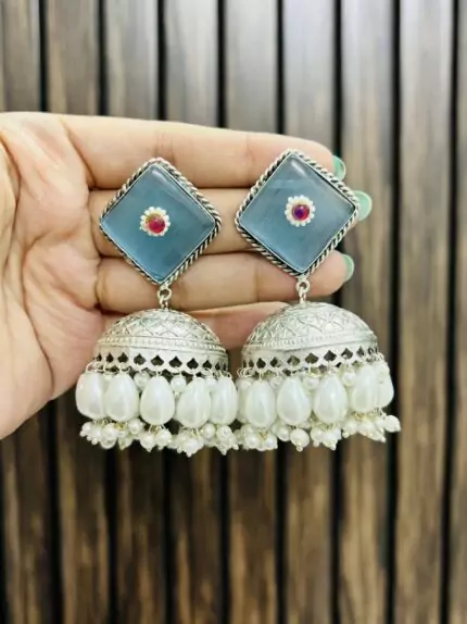 Rhombus brass jhumka Blue