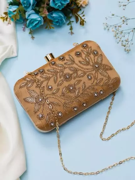 Floral leaf embroidery clutch