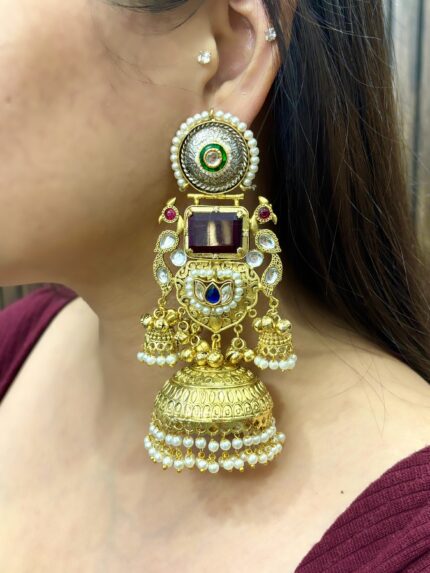 Jeevika golden brass jhumka ruby