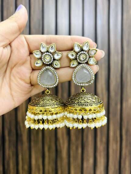 Polki brass jhumka Grey