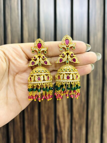 Golden peacock Earrings Ruby green