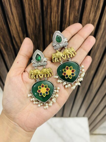 Two elephant brass earrings green