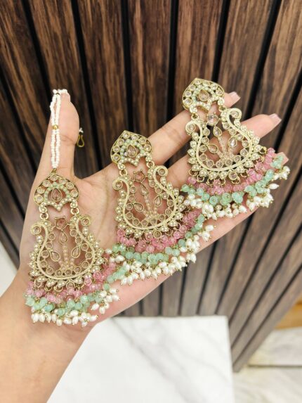 Rakshi Earrings with mangtika Mint-pink