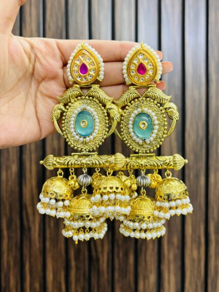 Kinshuk golden brass earrings blue
