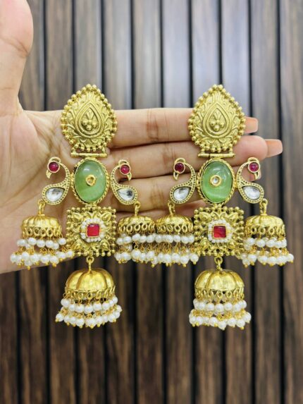 Three jhumki brass golden earrings Green