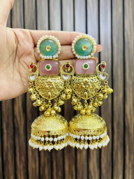 Deesha brass golden earrings Mint pink