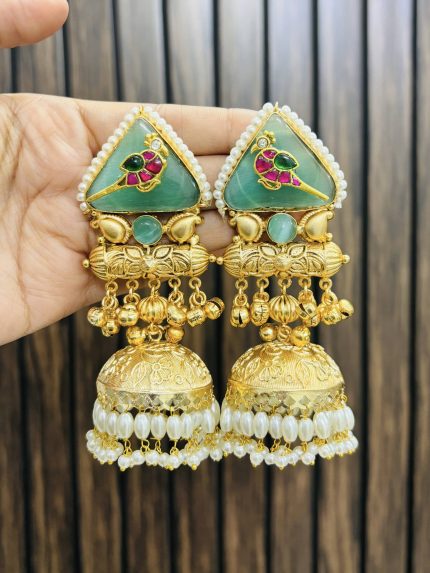 Bird brass jhumka Mint