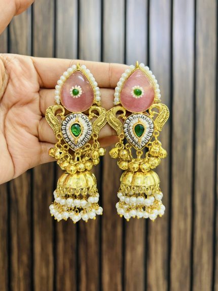 Cute golden brass earrings pink