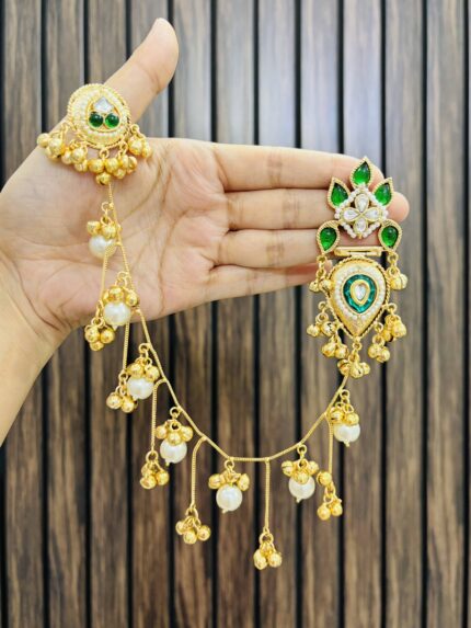 Flower kashmiri brass earrings with attach chain Green