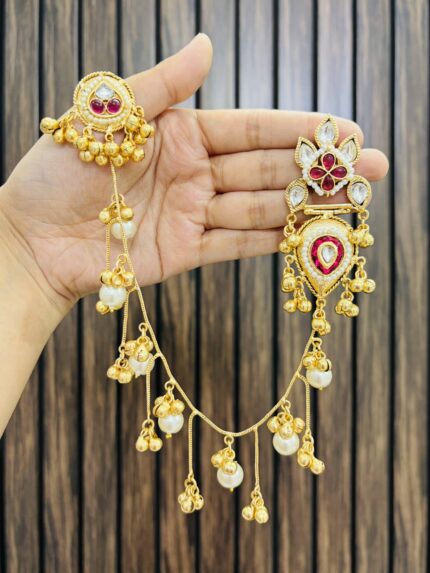 Flower kashmiri brass earrings with attach chain Ruby