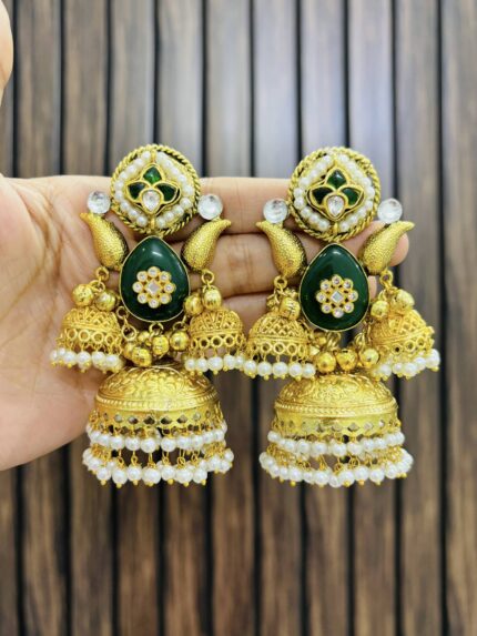 Three jhumki Leaf brass earrings Green