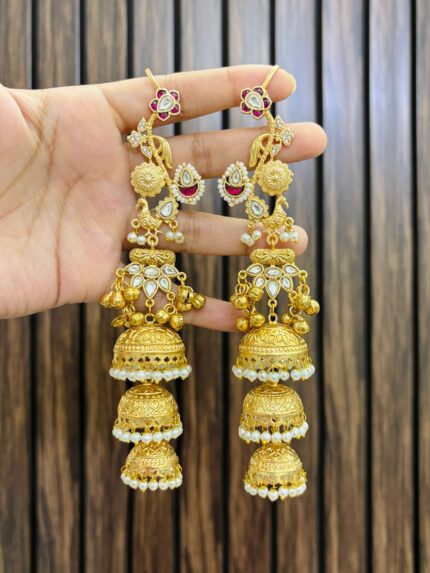 Three jhumki brass earrings ruby