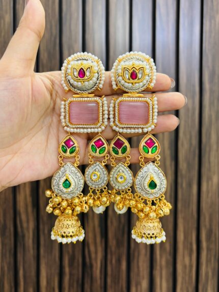 Two jhumki brass earrings pink